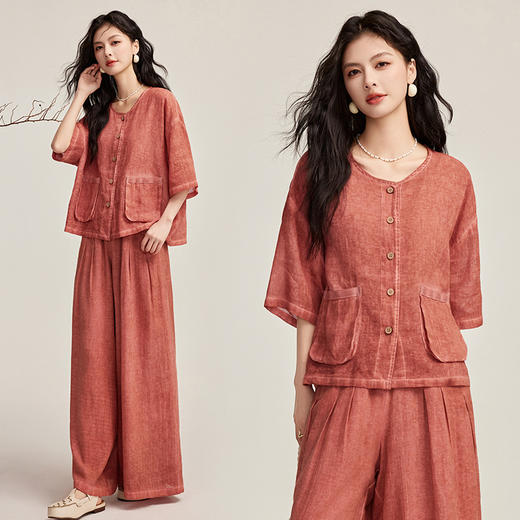 丁摩 苎麻新工艺炒色双口袋老钱风麻料两件套YBER237 商品图1