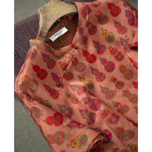 丁摩 真丝香云纱新中式连衣裙女福禄葫芦100桑蚕丝印花改良版旗袍裙5ZF- YSC007 商品图1