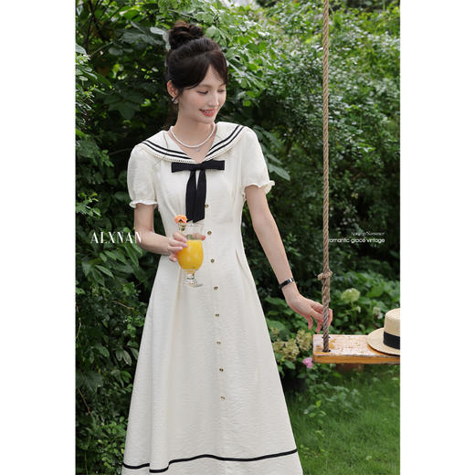 鹿向南「航海日记」夏季学院风女短袖连衣裙时尚气质显瘦法式长裙 商品图3