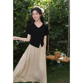 鹿向南「游园惊梦」气质假两件黑杏拼接短袖连衣长裙A字显瘦女夏