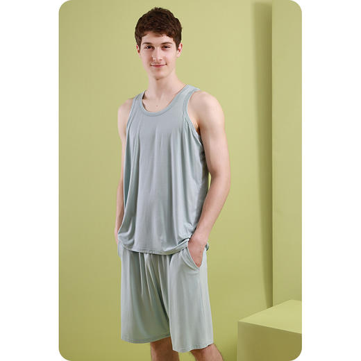 【居家服】【DF】男夏新款5A抗菌除臭艾草防蚊弹力加肥大码休闲居家宽背心短裤套服 商品图5