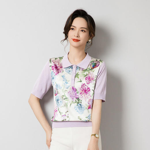 丁摩桑蚕丝针织polo衫T恤女翻领五分袖真丝上衣薄ALJ62538 商品图2
