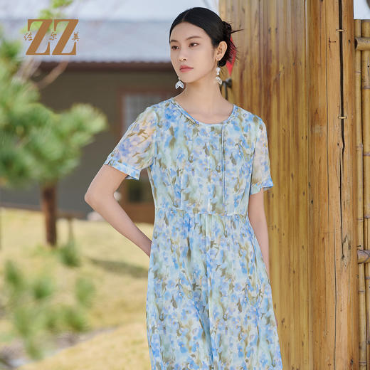 佐尔美气质碎花100%桑蚕丝连衣裙女M52LS34 商品图1