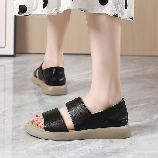 丁摩 头层牛皮鱼嘴凉鞋女夏季新款厚底罗马女鞋真皮复古平底鞋5ZF-226 商品图3