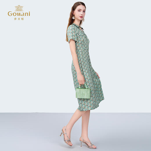 乔万尼新款100%真丝V领修身印花中长款连衣裙ED2E403 商品图1