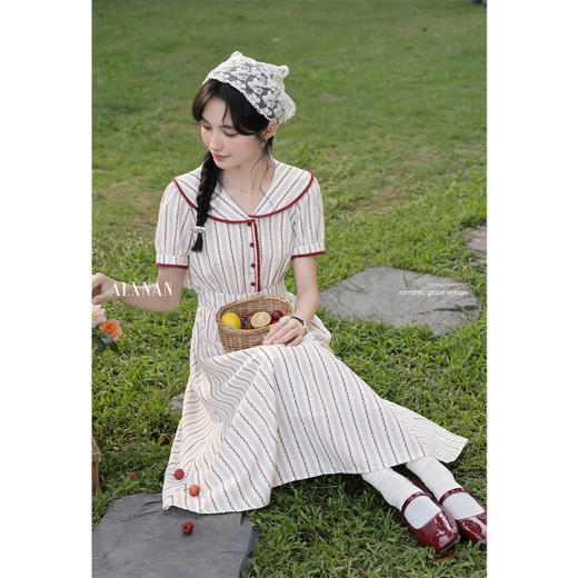 鹿向南「仲夏来信」气质翻领红拼杏条纹短袖连衣裙女A长字裙夏季 商品图3