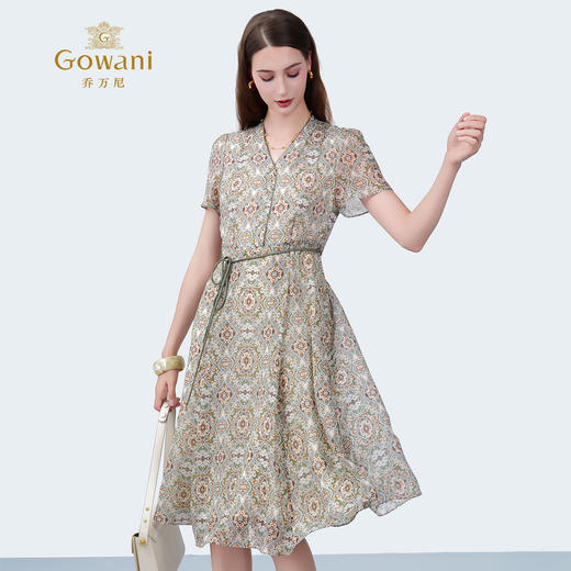 乔万尼新品法式V领印花收腰中长连衣裙ED2E488 商品图1