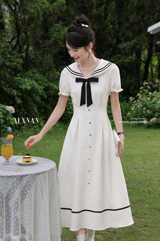 鹿向南「航海日记」夏季学院风女短袖连衣裙时尚气质显瘦法式长裙 商品图5