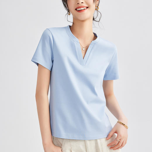 丁摩 80s双面丝光棉T设计感短袖T恤女夏季正肩合身V领纯色上衣挺括体恤5ZF-  M674 商品图8