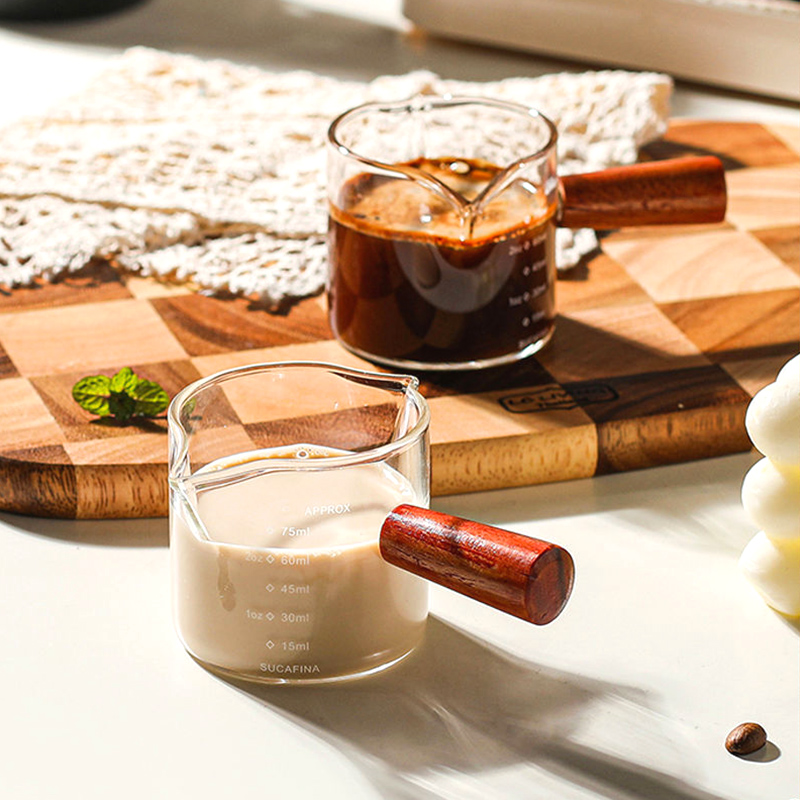 【木柄玻璃小奶盅】相思木手柄奶盅盎司杯高硼硅耐热玻璃带刻度浓缩咖啡萃取量杯奶杯75ML