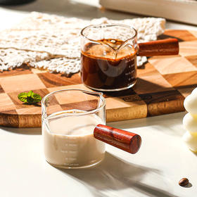 【木柄玻璃小奶盅】相思木手柄奶盅盎司杯高硼硅耐热玻璃带刻度浓缩咖啡萃取量杯奶杯75ML