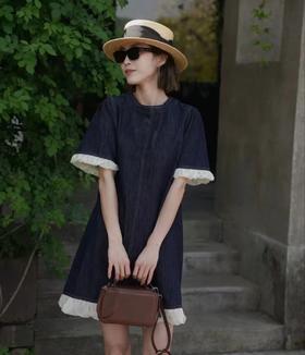 老米优品🎈3-5天！韩代同款《复古丹宁🍃欧根纱木耳边设计款牛仔连衣裙》显瘦显高的神仙裙 
子，复古浪漫~Q250416B 下架