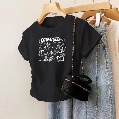 丁摩 正肩大码短袖t恤女新款修身卡通减龄内搭甜辣不规则上衣夏装5ZF-622 商品图2