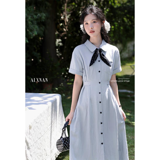 鹿向南「浅蓝月光」蓝色polo领连衣裙女夏小众收腰短袖长款衬衫裙L55910 商品图0