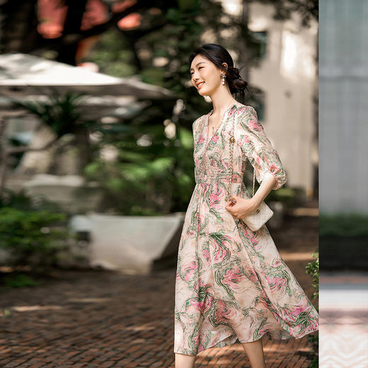 丁摩 夏季新品女装长款印花真丝连衣裙重工钉珠显瘦显高裙子5ZF-80022 商品图0