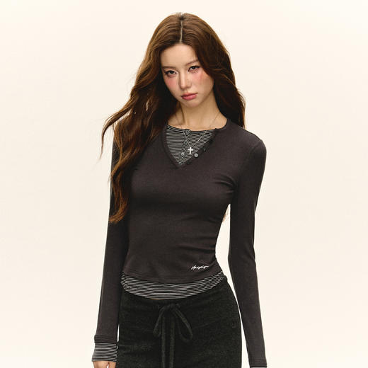 Ariseism 美式复古假两件长袖T恤女春季新款修身上衣 商品图0