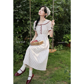 鹿向南「仲夏来信」气质翻领红拼杏条纹短袖连衣裙女A长字裙夏季