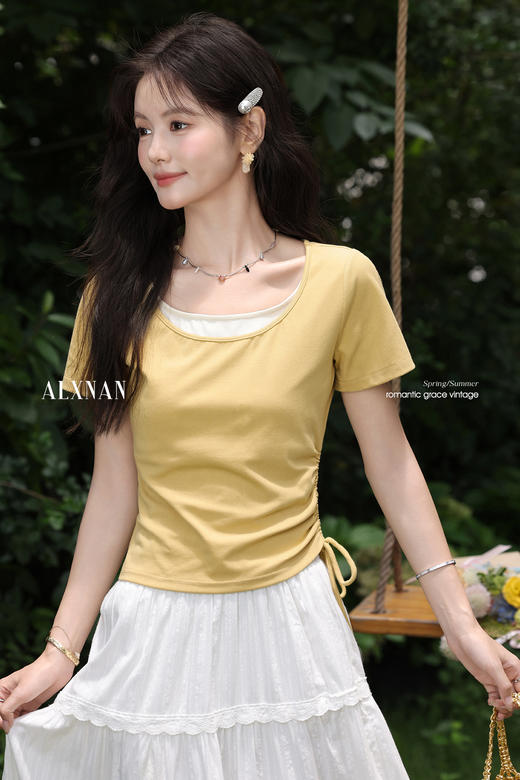 鹿向南「夏日冰菓」黄色假两件短袖正肩T恤女夏季修身设计感上衣L559118 商品图5