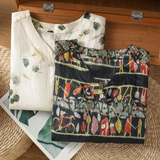 雀说复古印花百搭简约衬衫短外套女夏季薄款V领衬衣开衫外搭AL9618 商品图1