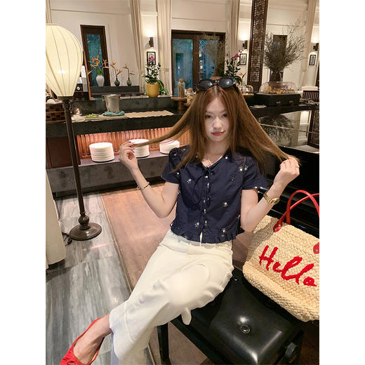 <曾小咸推荐>4.4现货秒杀 ！微信超特价！韩系系带绣花短袖衬衫 日常129.99 立减70 秒杀59.99！！ 商品图4