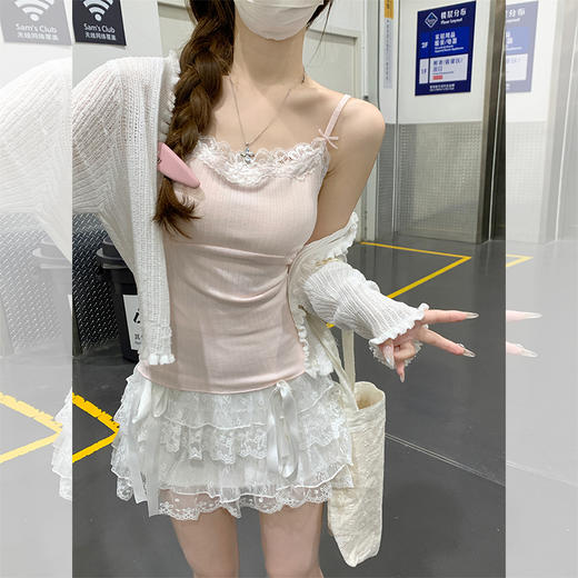 西遇针织吊带背心女夏季新款蝴蝶结蕾丝拼接修身短款上衣SS050880 商品图4