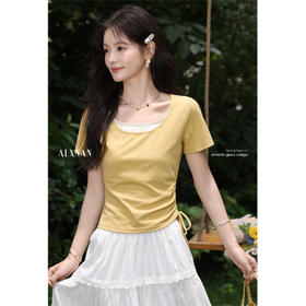 鹿向南「夏日冰菓」黄色假两件短袖正肩T恤女夏季修身设计感上衣L559118