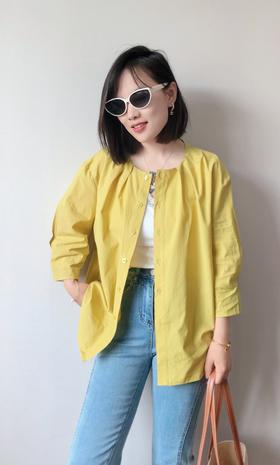 法式设计感轻薄凉感天丝棉打褶圆领显瘦中袖衬衫