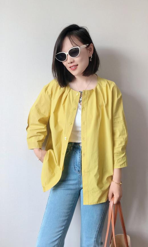 法式设计感轻薄凉感天丝棉打褶圆领显瘦中袖衬衫 商品图0