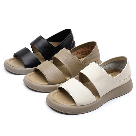 丁摩 头层牛皮鱼嘴凉鞋女夏季新款厚底罗马女鞋真皮复古平底鞋5ZF-226 商品图4