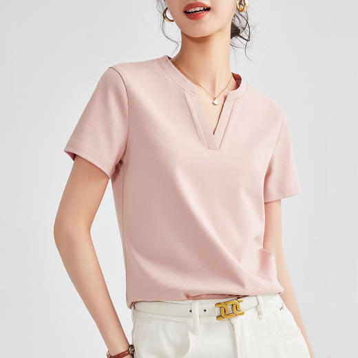 丁摩 80s双面丝光棉T设计感短袖T恤女夏季正肩合身V领纯色上衣挺括体恤5ZF-  M674 商品图2