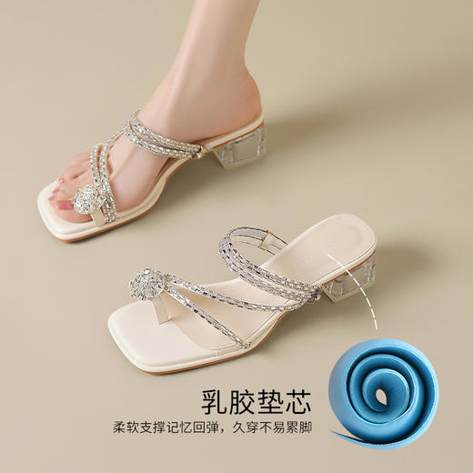 ZHR粗跟凉鞋女2025夏季新品外穿水钻夹趾法式轻奢高级凉拖鞋 商品图3