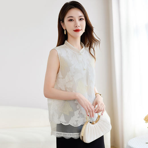 丁摩 【真丝剪花】新中式乔其剪花无袖马甲上衣9262 商品图2