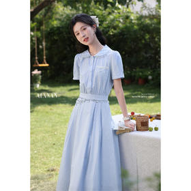 【65折秒杀】鹿向南「蓝海拾贝」法式蓝色条纹短袖衬衫连衣裙女夏季收腰长裙子