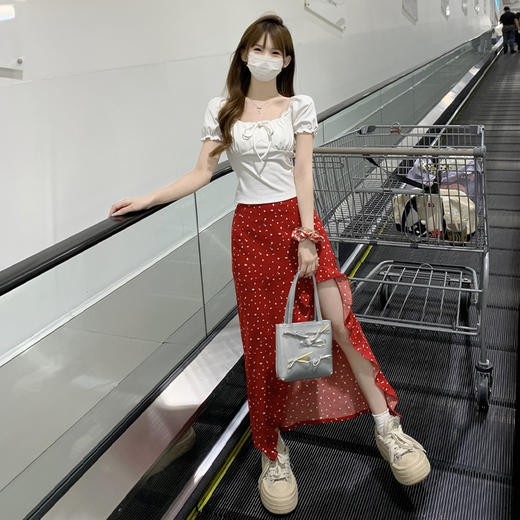 西遇泡泡袖T恤女夏季新款蝴蝶结系带正肩修身显瘦短款上衣SS050881 商品图4