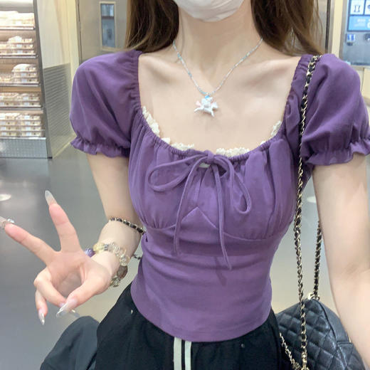 西遇泡泡袖T恤女夏季新款蝴蝶结系带正肩修身显瘦短款上衣SS050881 商品图3