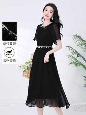 全新升级【铂金会员257/天猫339/差价82】(12129)洛诗琳法式圆领钉珠镂空雪纺连衣裙女2025新款夏季收腰A字裙