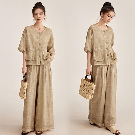 丁摩 苎麻新工艺炒色双口袋老钱风麻料两件套YBER237 商品图2