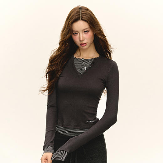 Ariseism 美式复古假两件长袖T恤女春季新款修身上衣 商品图1