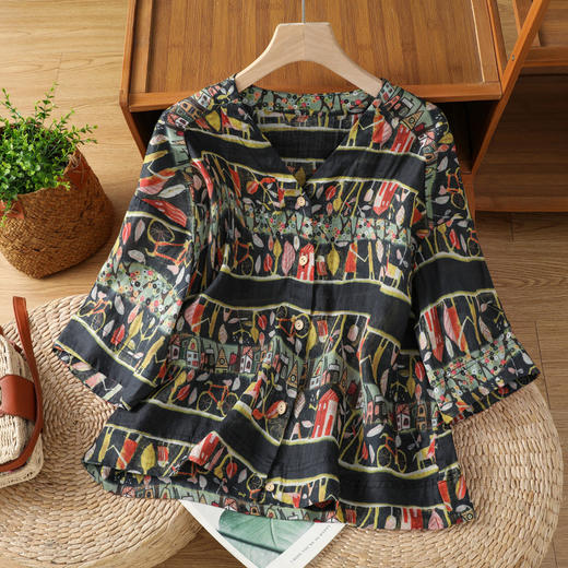 雀说复古印花百搭简约衬衫短外套女夏季薄款V领衬衣开衫外搭AL9618 商品图2