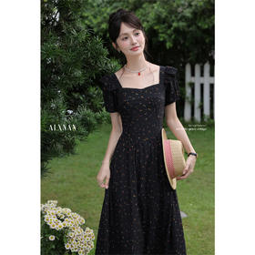 【6折秒杀】鹿向南「漫漫花季」法式温柔风气质长裙女夏季显瘦黑底碎花连衣裙L56011