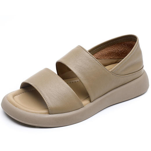 丁摩 头层牛皮鱼嘴凉鞋女夏季新款厚底罗马女鞋真皮复古平底鞋5ZF-226 商品图7