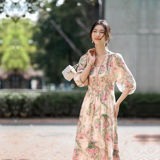 丁摩 夏季新品女装长款印花真丝连衣裙重工钉珠显瘦显高裙子5ZF-80022 商品图1