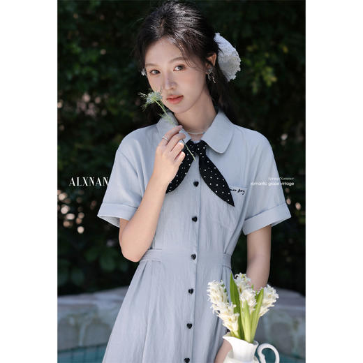 鹿向南「浅蓝月光」蓝色polo领连衣裙女夏小众收腰短袖长款衬衫裙L55910 商品图2