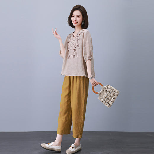 丁摩 苎麻女装两件套高端重工刺绣印花上衣休闲九分裤夏装2025新款麻料5ZF-905 商品图3