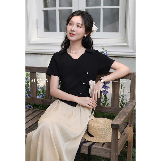 鹿向南「游园惊梦」气质假两件黑杏拼接短袖连衣长裙A字显瘦女夏 商品图4