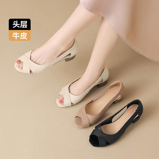 ZHR则则头层牛皮真皮鱼嘴露趾凉鞋镂空气质2025夏新款粗跟高跟鞋 商品图7