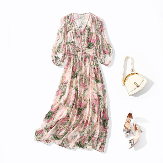 丁摩 夏季新品女装长款印花真丝连衣裙重工钉珠显瘦显高裙子5ZF-80022 商品图4