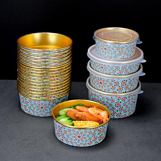 喇叭花一次性繁花金箔纸碗打包碗餐盒圆形带盖汤碗外卖打包盒带盖 商品图3