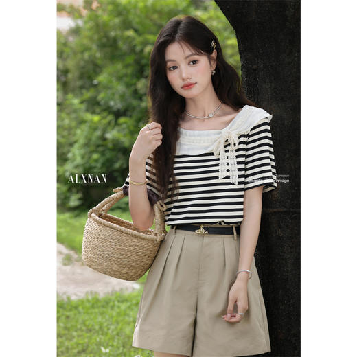 鹿向南「奥利奥奶盖」黑白条纹T恤女夏新款短袖正肩独特别致上衣 商品图4