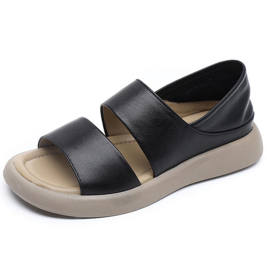 丁摩 头层牛皮鱼嘴凉鞋女夏季新款厚底罗马女鞋真皮复古平底鞋5ZF-226 商品图5